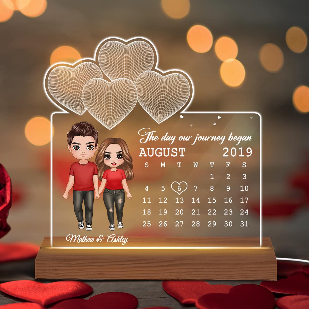 Doll Couple Standing Under 3D Heart Anniversary Date Calendar Personalized Custom Shape Acrylic Plaque With LED Night Light - Anniversary Gift For Couple - Gift For Him Gift For Her