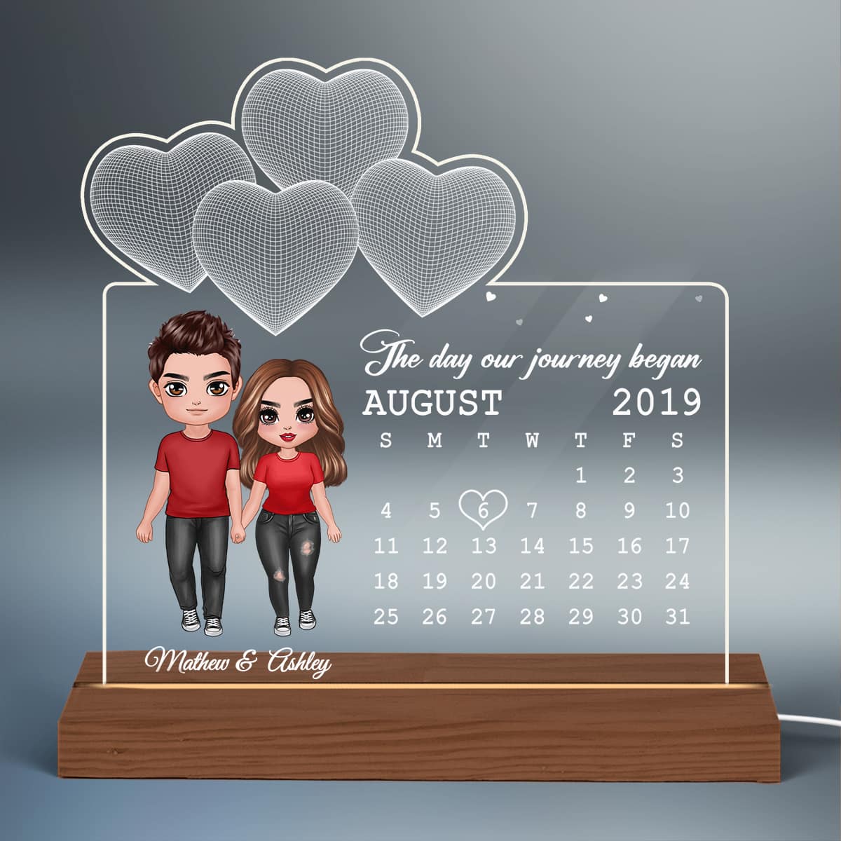 Doll Couple Standing Under 3D Heart Anniversary Date Calendar Personalized Custom Shape Acrylic Plaque With LED Night Light - Anniversary Gift For Couple - Gift For Him Gift For Her - Image 2