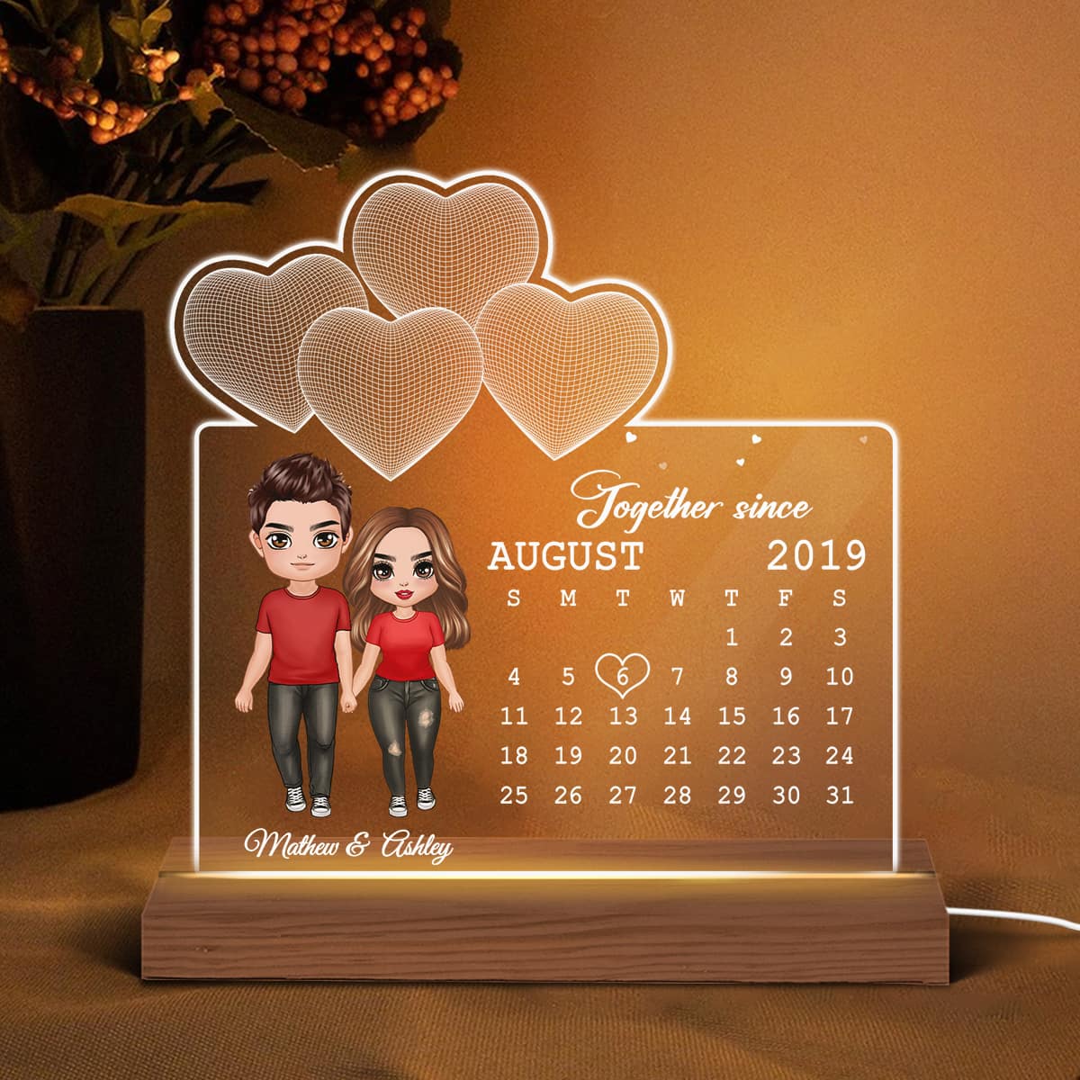 Doll Couple Standing Under 3D Heart Anniversary Date Calendar Personalized Custom Shape Acrylic Plaque With LED Night Light - Anniversary Gift For Couple - Gift For Him Gift For Her - Image 3