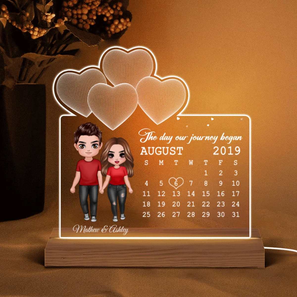 Doll Couple Standing Under 3D Heart Anniversary Date Calendar Personalized Custom Shape Acrylic Plaque With LED Night Light - Anniversary Gift For Couple - Gift For Him Gift For Her - Image 5