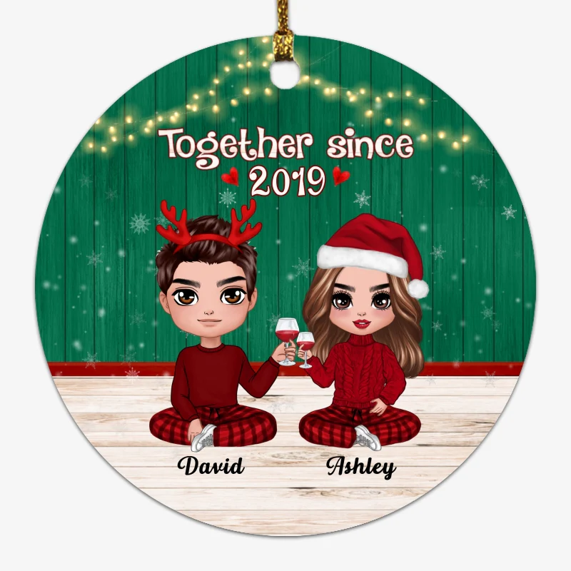 Doll Couple Together Christmas Background Personalized Circle Ornament - Image 2
