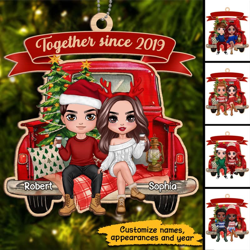 Doll Couple Truck Back View Personalized Wooden Ornament - Image 2