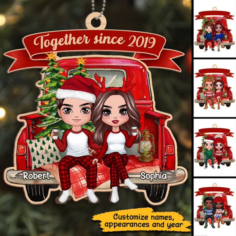 Doll Couple Truck Back View Personalized Wooden Ornament - Image 3