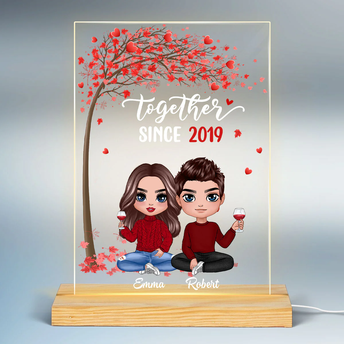 Doll Couple Under Tree Anniversary Gift Personalized Rectangle Acrylic Plaque LED Lamp Night Light - Image 2