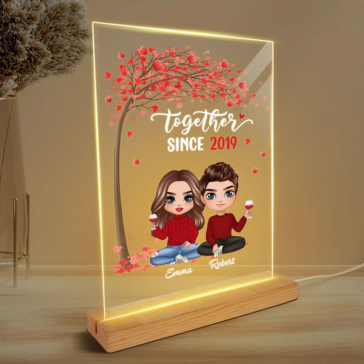 Doll Couple Under Tree Anniversary Gift Personalized Rectangle Acrylic Plaque LED Lamp Night Light - Image 3