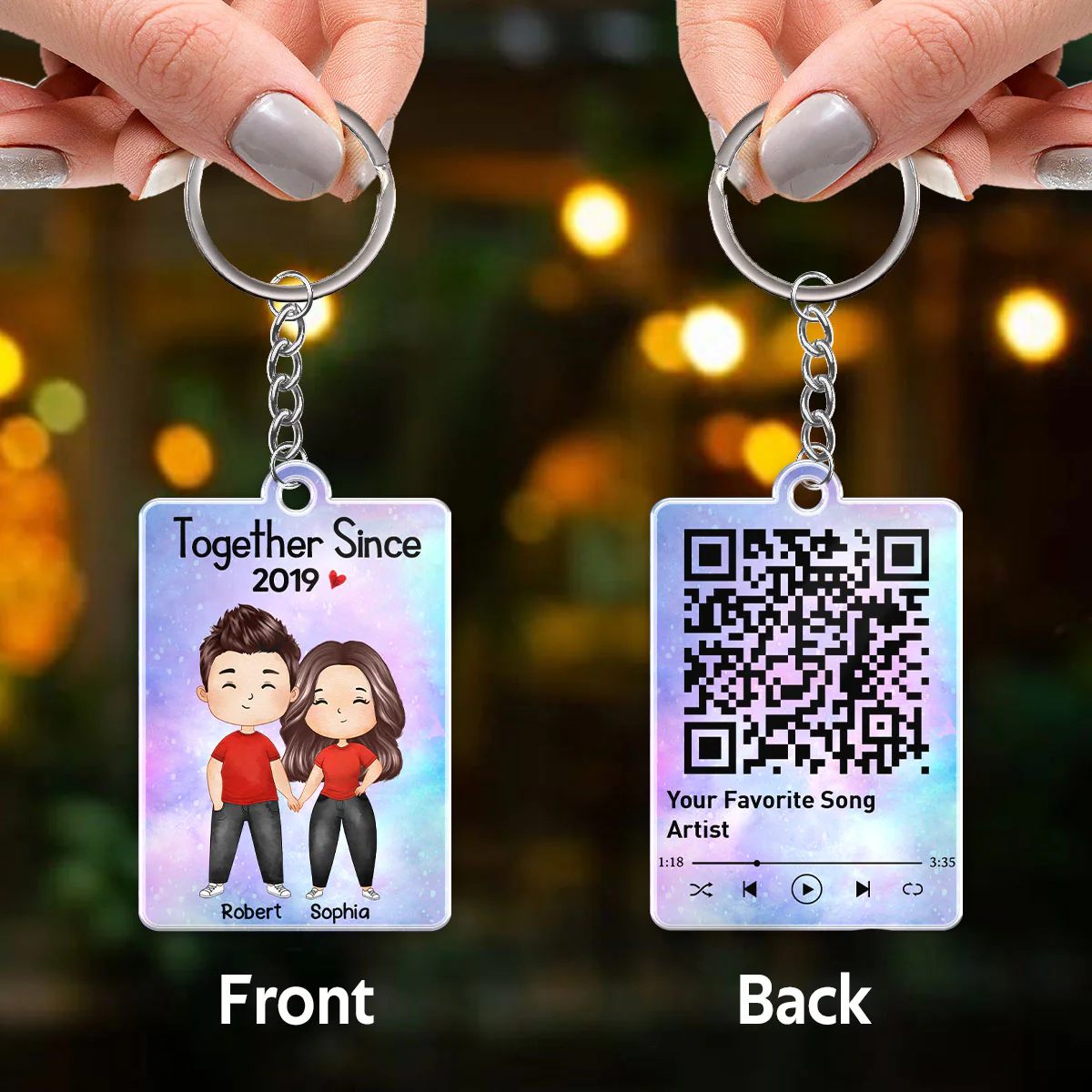 Doll Couple Watercolor Together Since Favorite Song QR Code Personalized Acrylic Keychain - Image 3