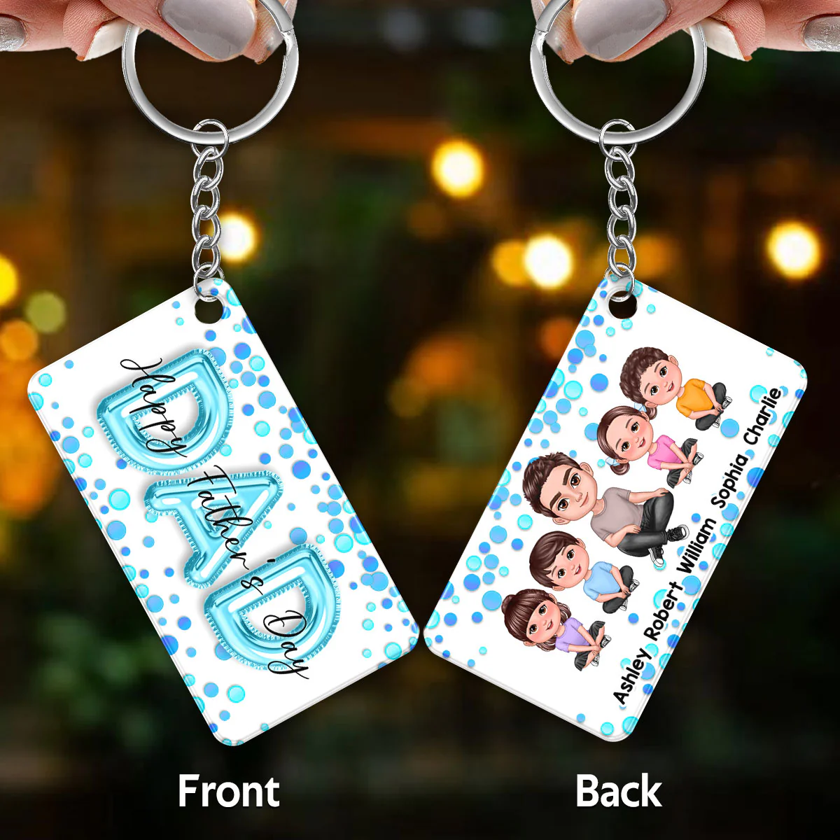 Doll Dad And Kids Blue Balloon Personalized Acrylic Keychain - Image 2