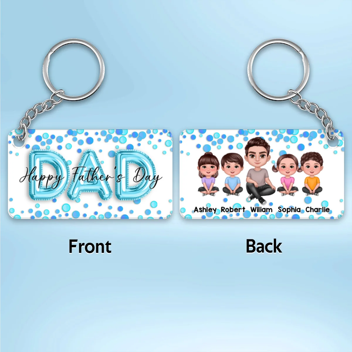 Doll Dad And Kids Blue Balloon Personalized Acrylic Keychain - Image 4