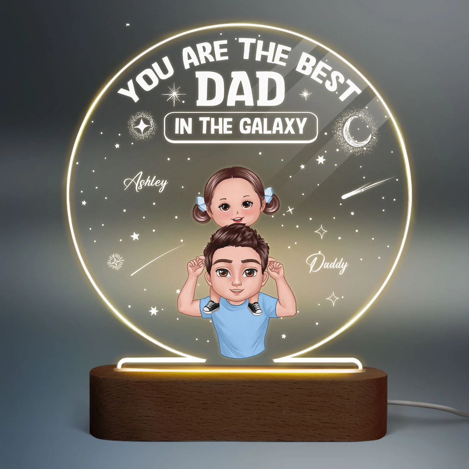 Doll Dad And Kids Piggyback Best Dad In The Galaxy Personalized Personalized Circle Acrylic Plaque LED Night Light - Image 2