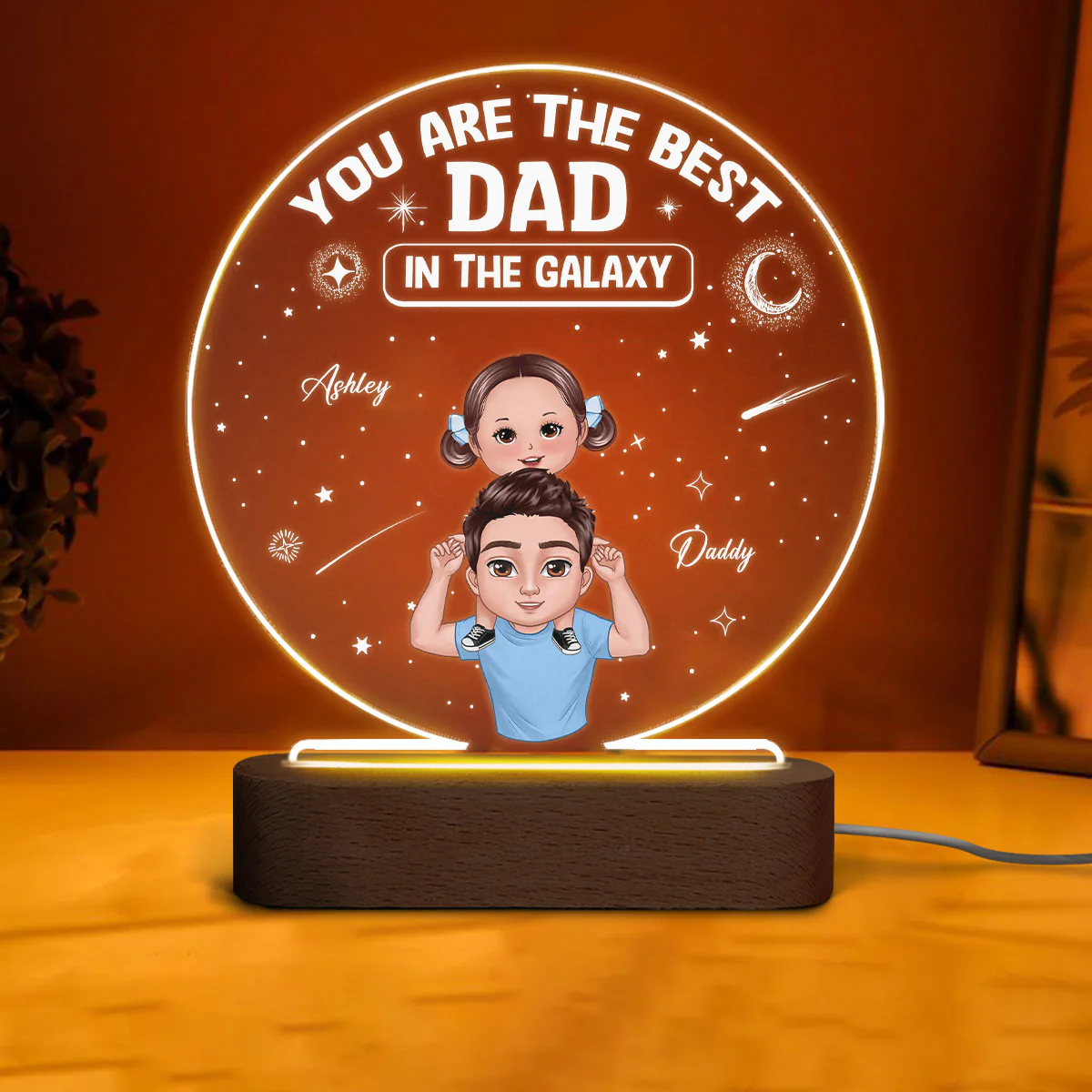 Doll Dad And Kids Piggyback Best Dad In The Galaxy Personalized Personalized Circle Acrylic Plaque LED Night Light - Image 3