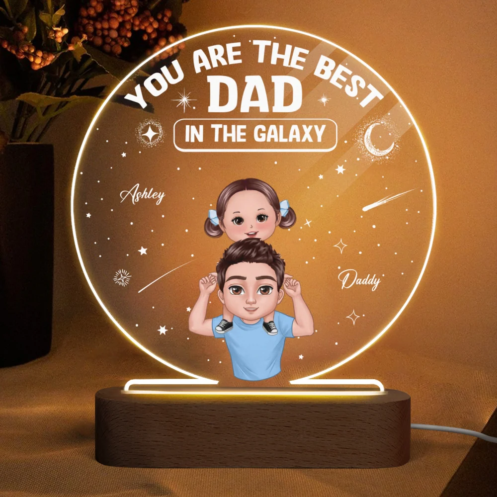 Doll Dad And Kids Piggyback Best Dad In The Galaxy Personalized Personalized Circle Acrylic Plaque LED Night Light - Image 4