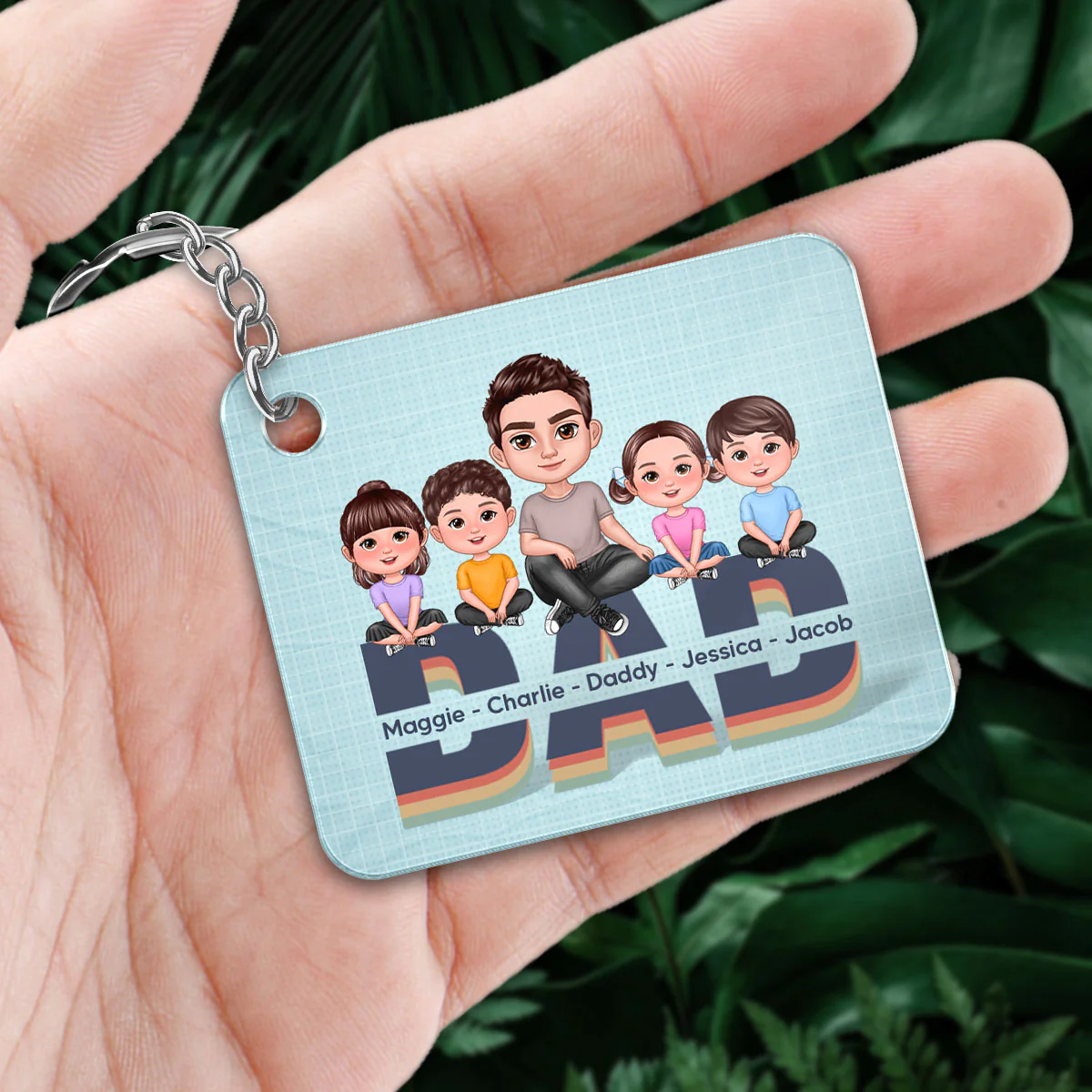 Doll Dad And Kids Sitting On Retro Text Personalized Acrylic Keychain - Image 2