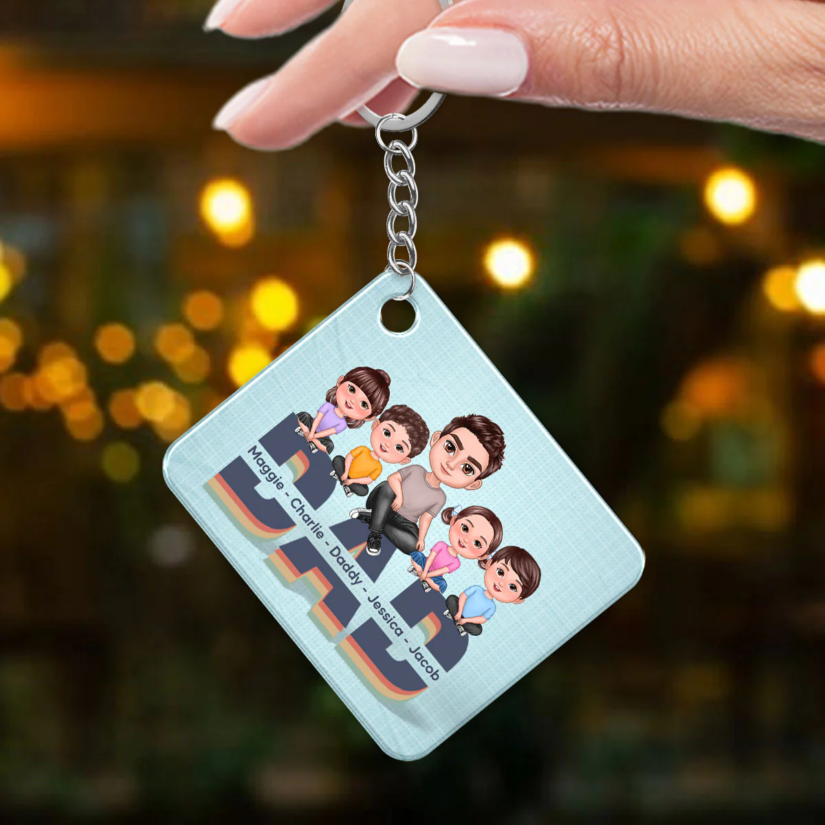 Doll Dad And Kids Sitting On Retro Text Personalized Acrylic Keychain - Image 3