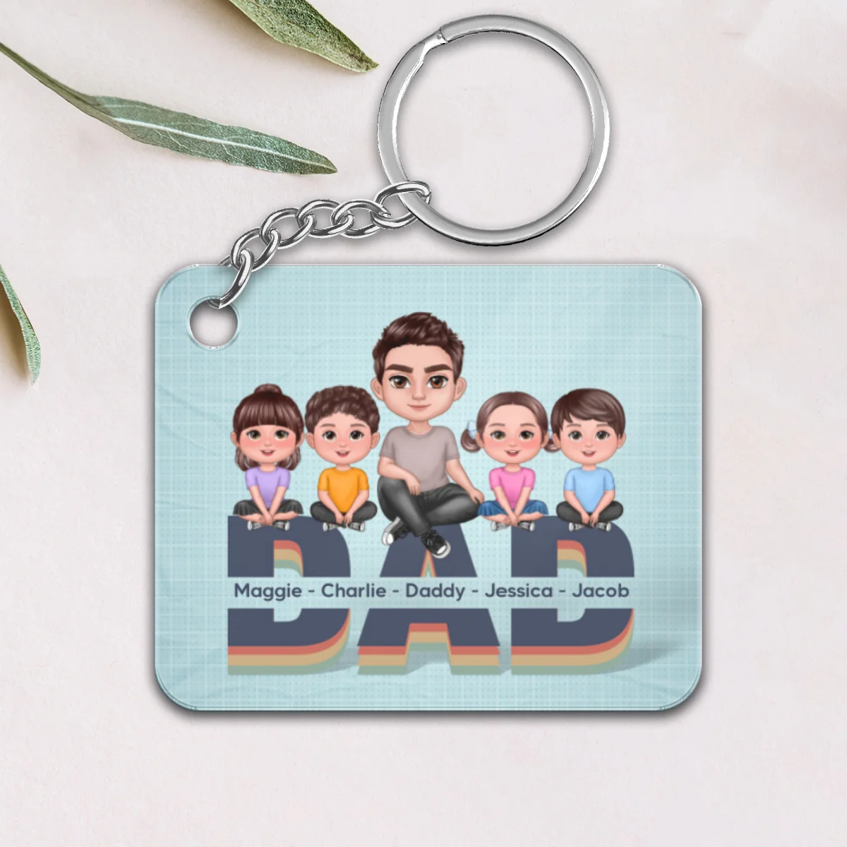 Doll Dad And Kids Sitting On Retro Text Personalized Acrylic Keychain - Image 4