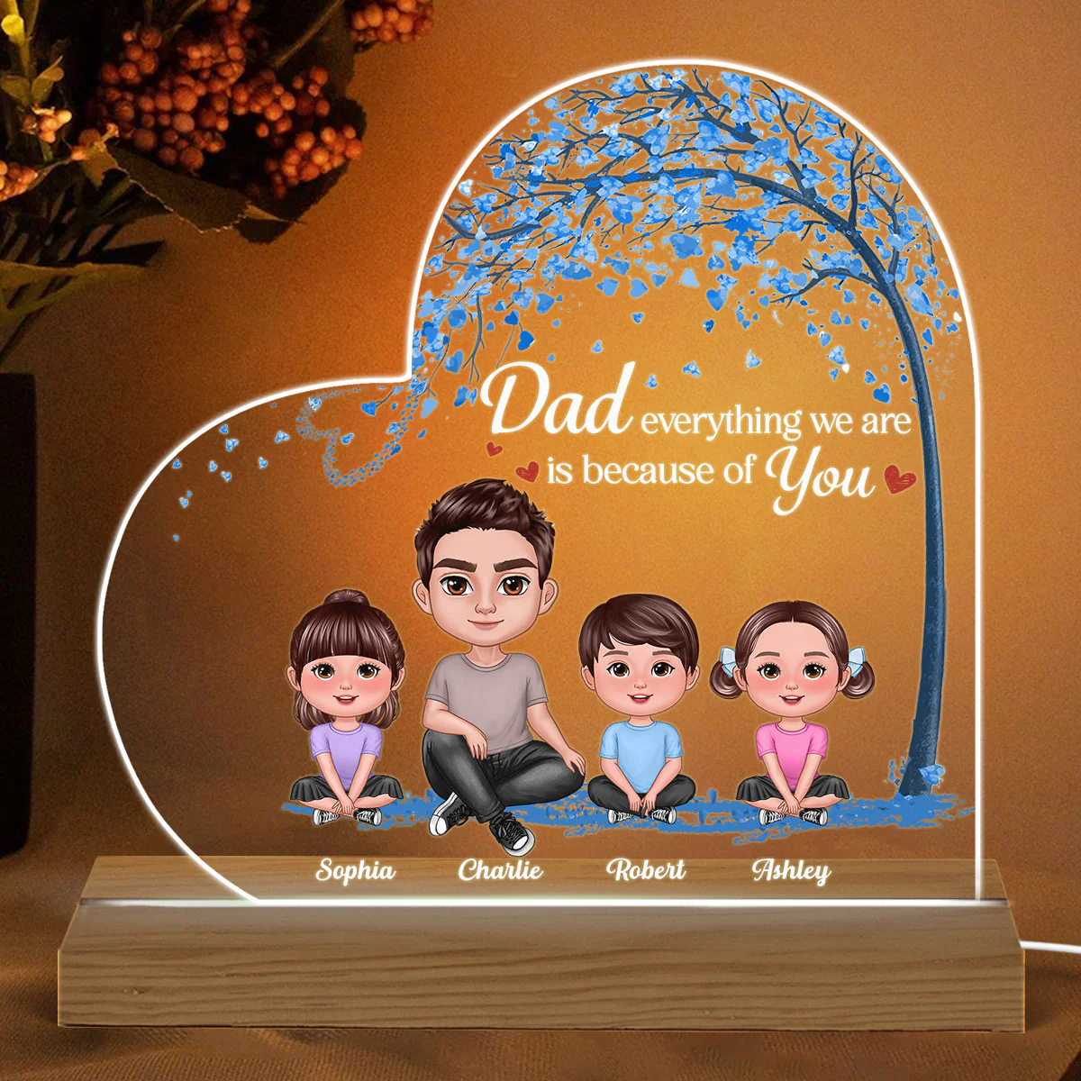 Doll Dad And Kids Under Blue Tree Personalized Warm Acrylic Custom Shape LED Night Light - Image 2