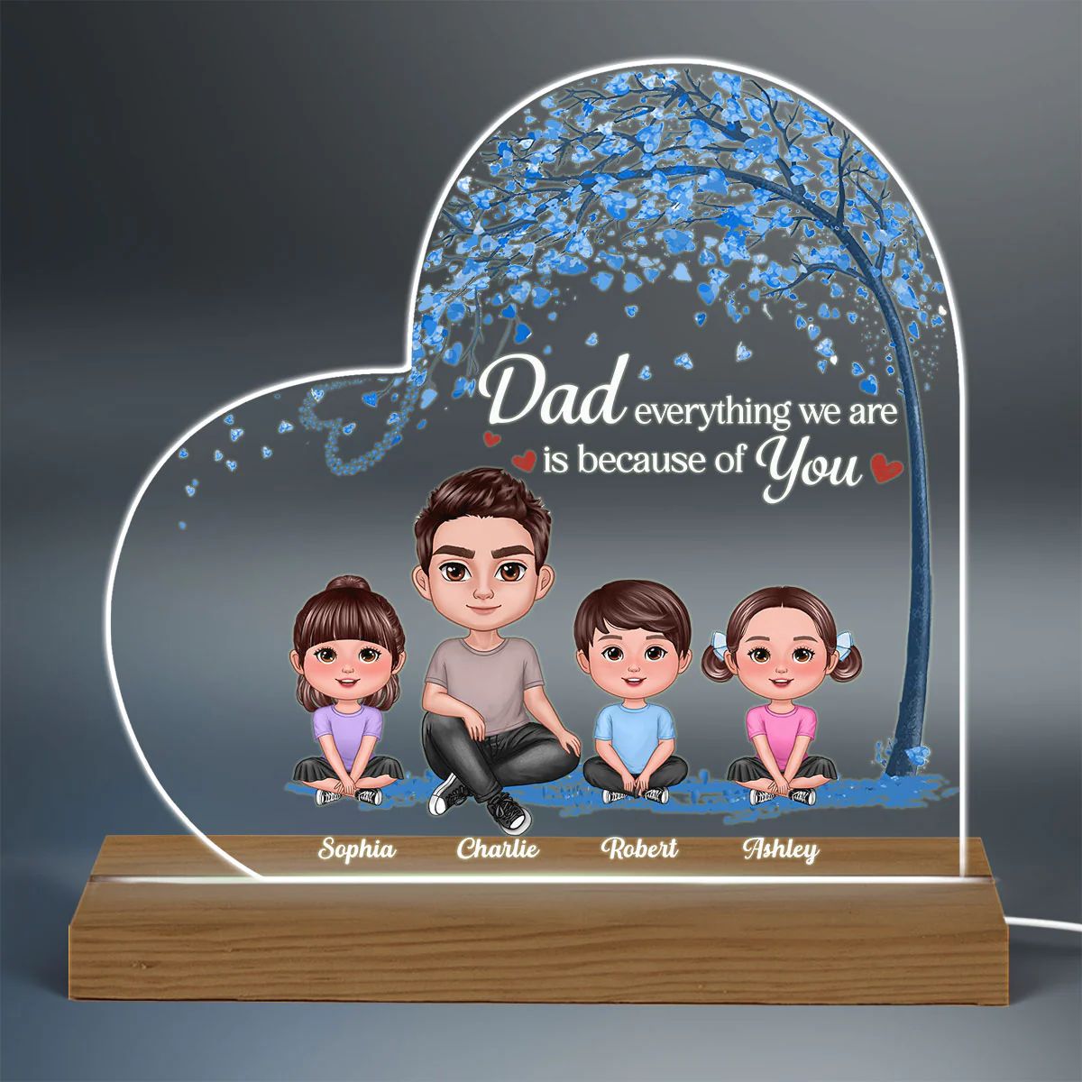 Doll Dad And Kids Under Blue Tree Personalized Warm Acrylic Custom Shape LED Night Light - Image 3