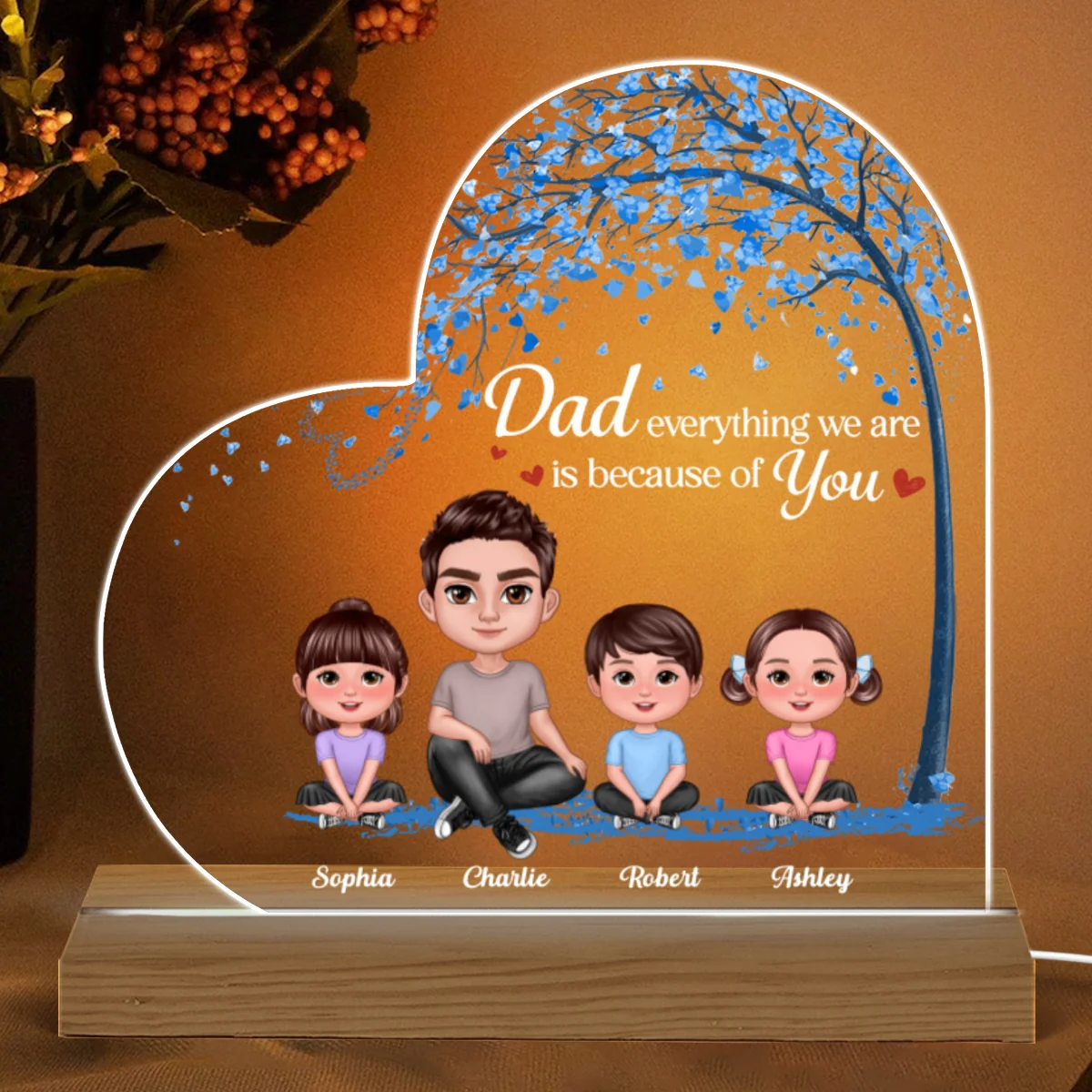 Doll Dad And Kids Under Blue Tree Personalized Warm Acrylic Custom Shape LED Night Light - Image 4