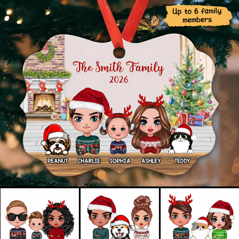 Doll Dad Mom Kids Dogs Cats Family In House Personalized Christmas Ornament - Image 2