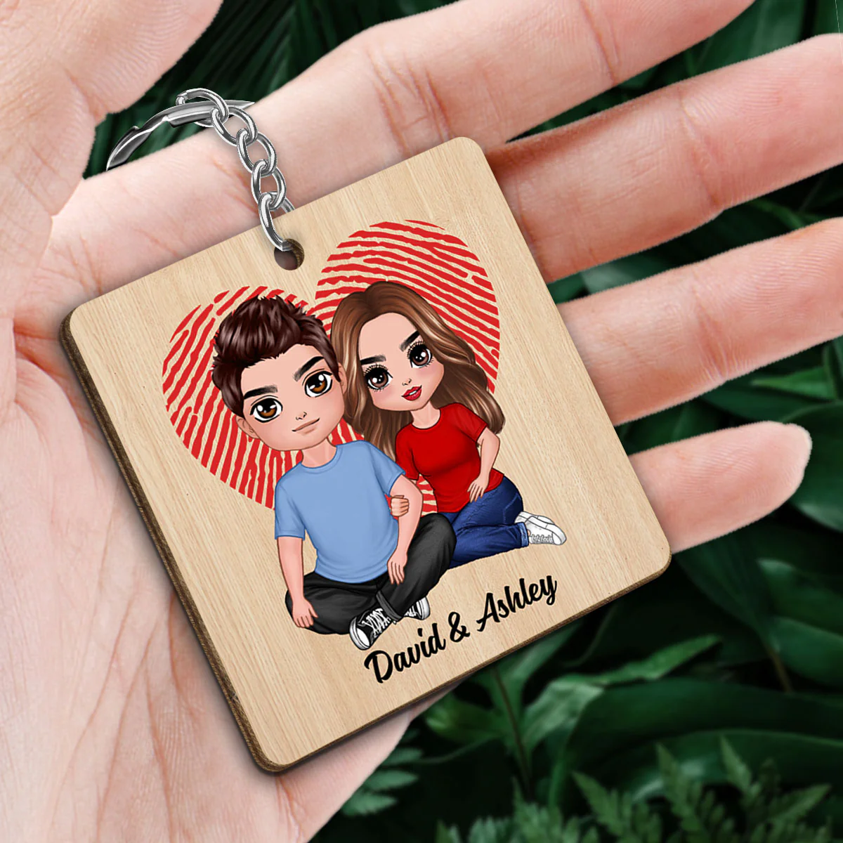 Doll Embracing Couple Sitting Calendar Anniversary Date Personalized Wooden Keychain - Image 2