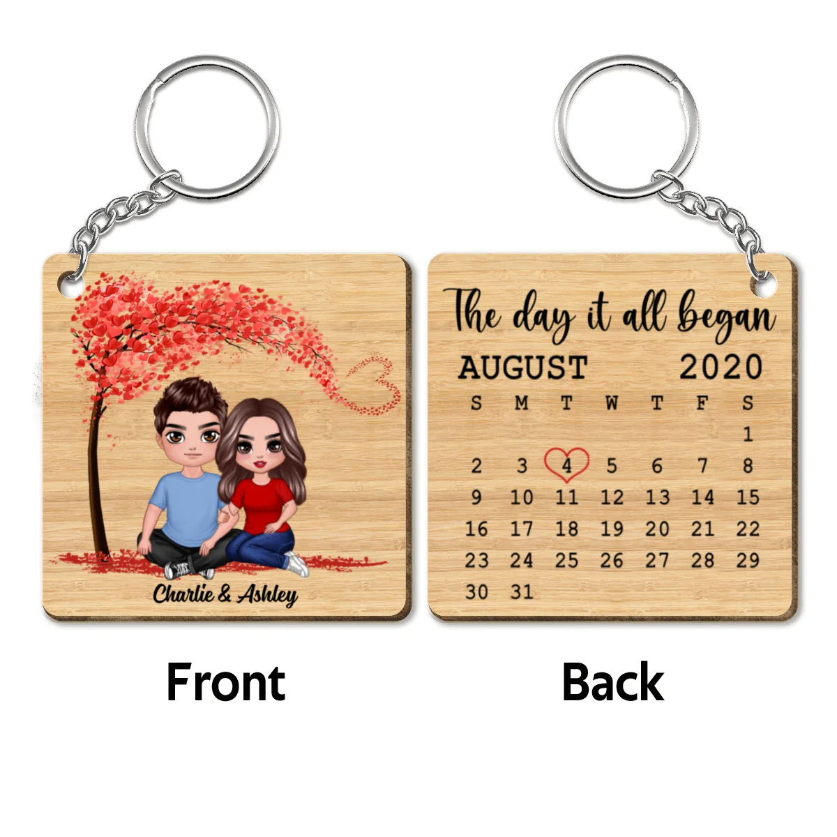 Doll Embracing Couple Sitting Under Tree Calendar Anniversary Date Personalized Wooden Keychain - Image 4