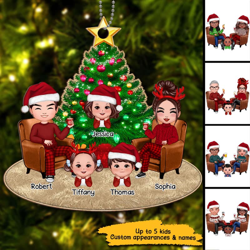 Doll Family Around Christmas Tree Personalized Wooden Ornament - Image 2