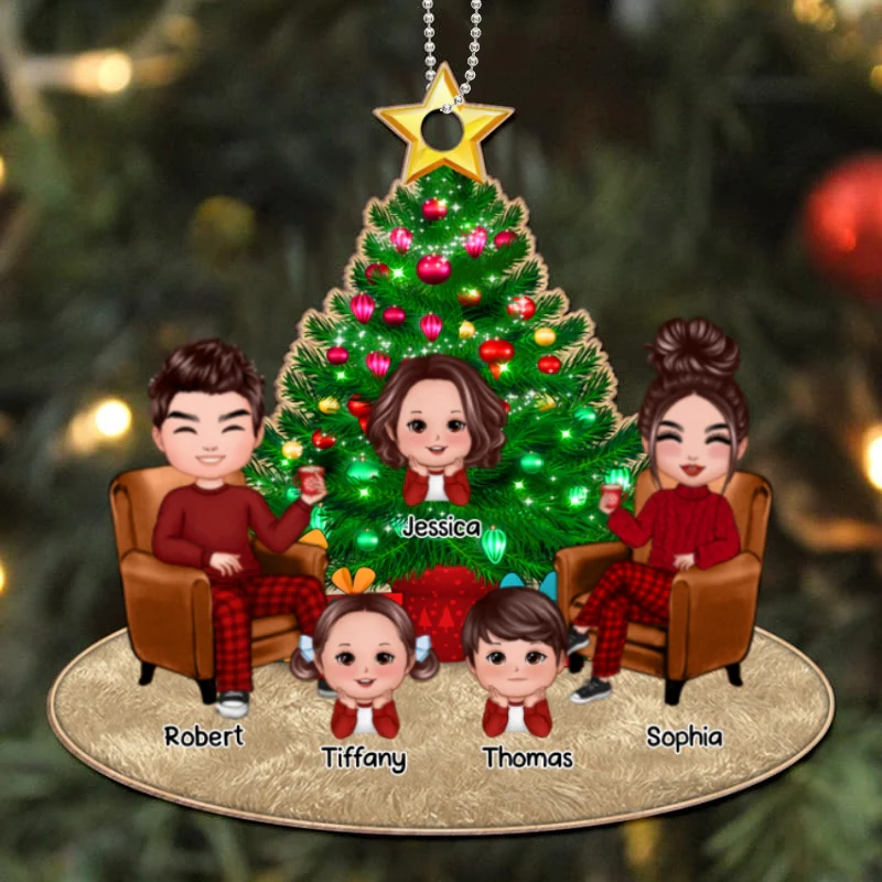 Doll Family Around Christmas Tree Personalized Wooden Ornament - Image 4