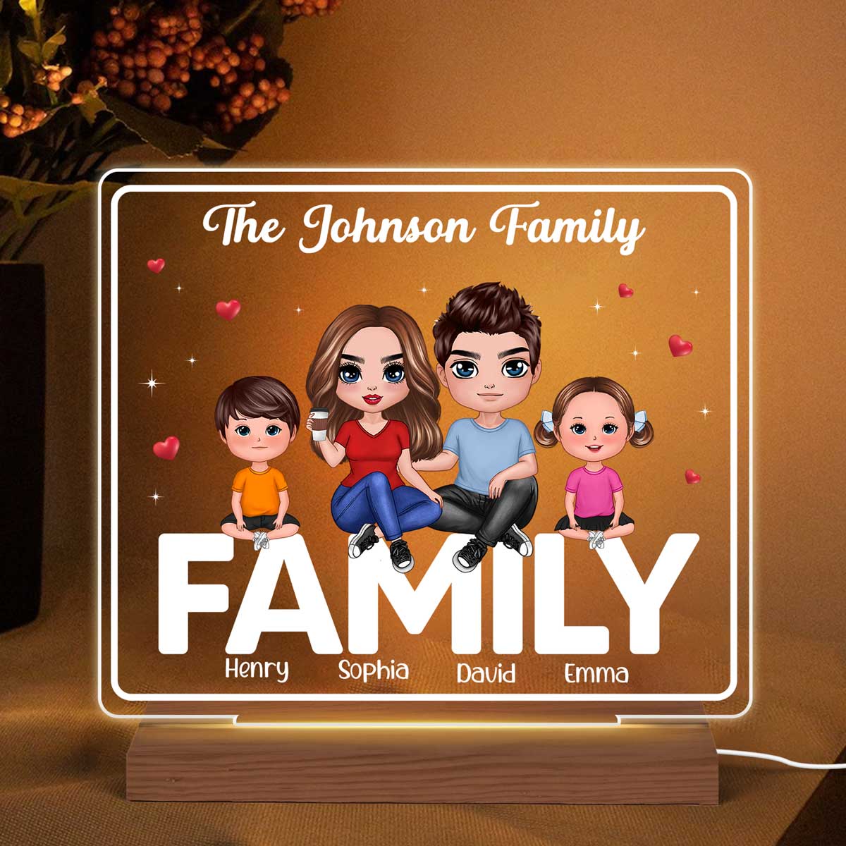 Doll Family Couple Dad Mom Kids Dogs Cats Sitting On Words Personalized Custom Shape Acrylic Plaque LED Night Light - Image 2