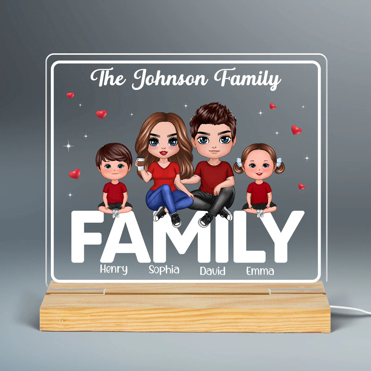 Doll Family Couple Dad Mom Kids Dogs Cats Sitting On Words Personalized Custom Shape Acrylic Plaque LED Night Light - Image 3