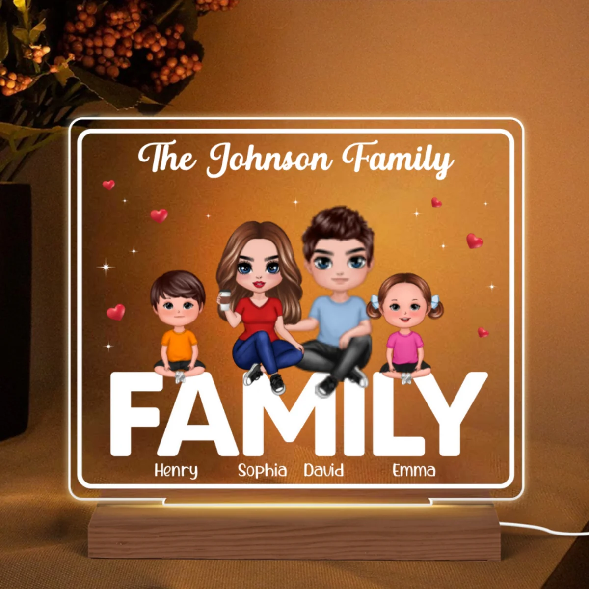 Doll Family Couple Dad Mom Kids Dogs Cats Sitting On Words Personalized Custom Shape Acrylic Plaque LED Night Light - Image 5