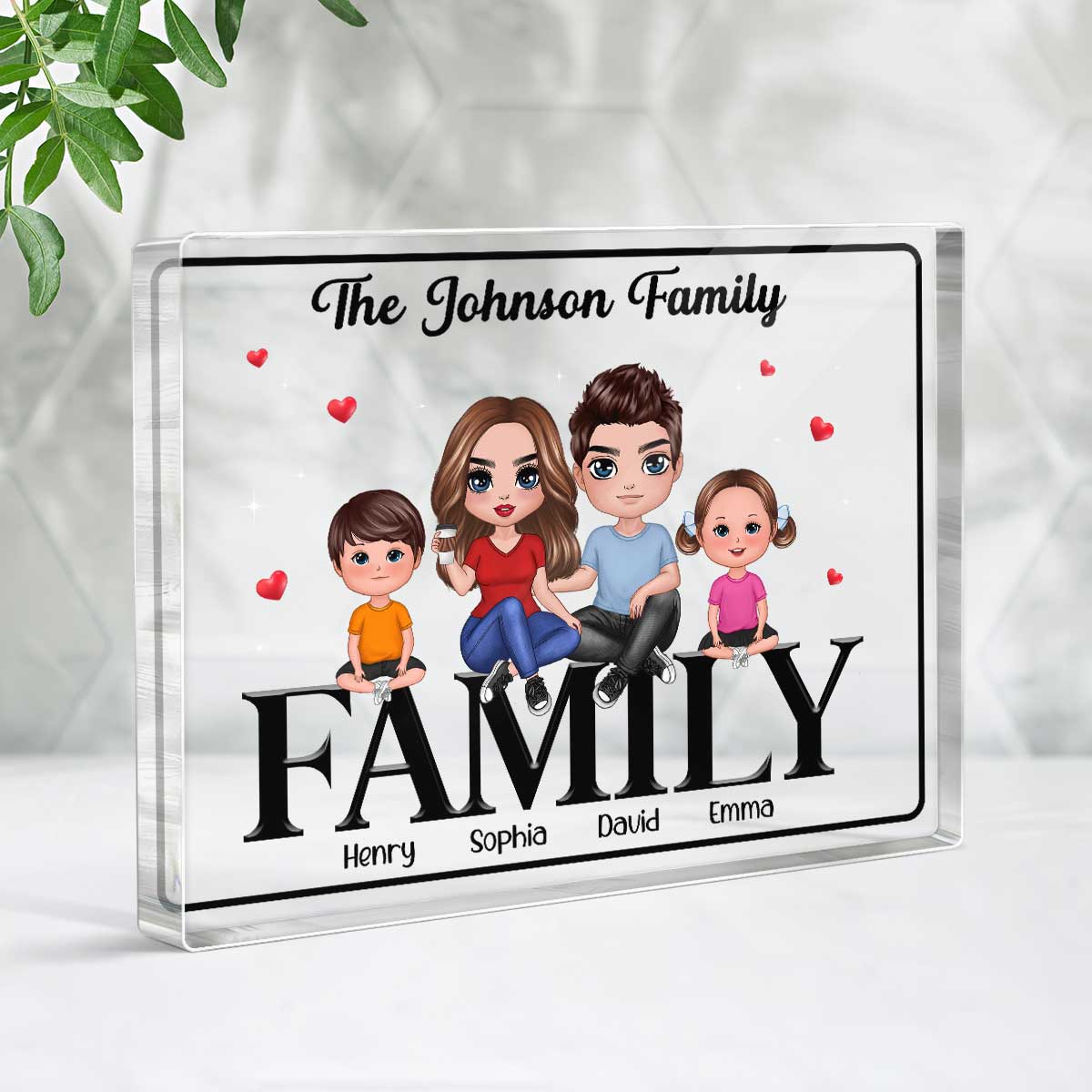 Doll Family Couple Dad Mom Kids Dogs Cats Sitting On Words Personalized Horizontal Rectangle Acrylic Block Plaque - Image 3