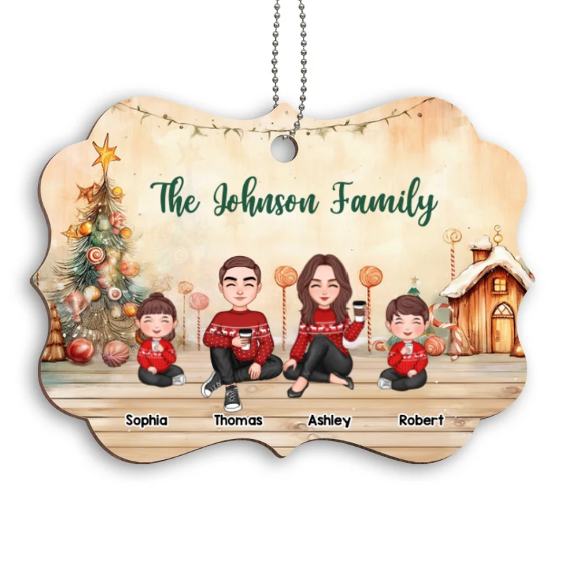 Doll Family Cute Sitting Christmas In House Personalized Wooden Ornament - Image 5