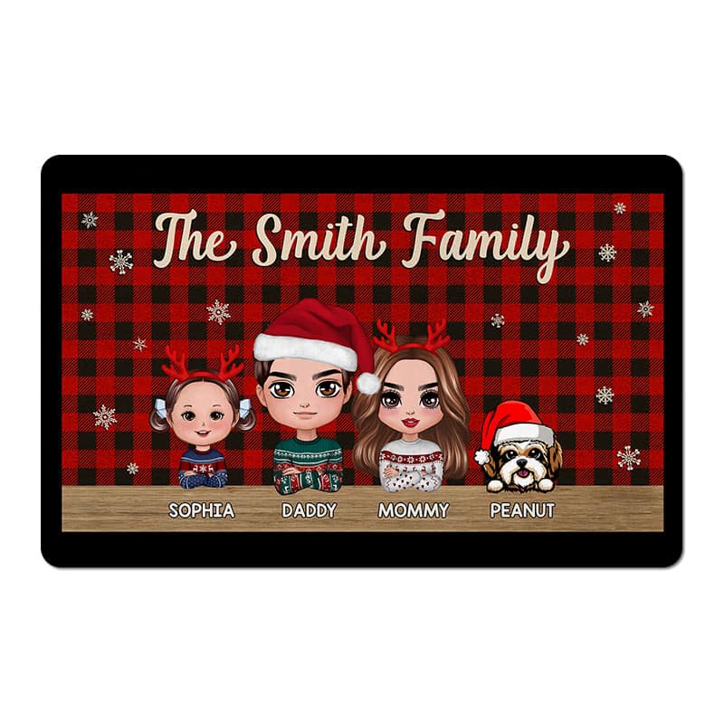 Doll Family Dad Mom Kids Dogs Cats Checkered Pattern Christmas Personalized Doormat
