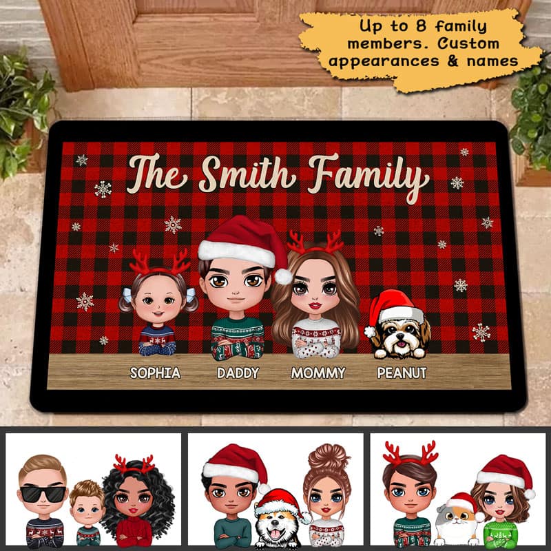 Doll Family Dad Mom Kids Dogs Cats Checkered Pattern Christmas Personalized Doormat - Image 2