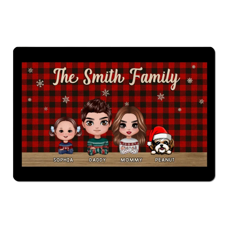 Doll Family Dad Mom Kids Dogs Cats Checkered Pattern Christmas Personalized Doormat - Image 4