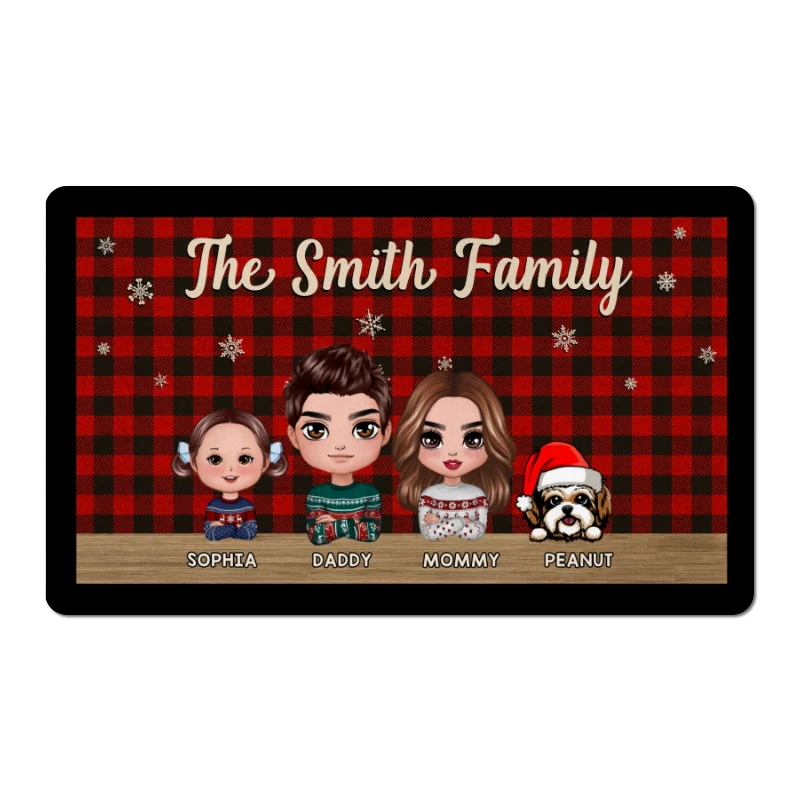 Doll Family Dad Mom Kids Dogs Cats Checkered Pattern Christmas Personalized Doormat - Image 5