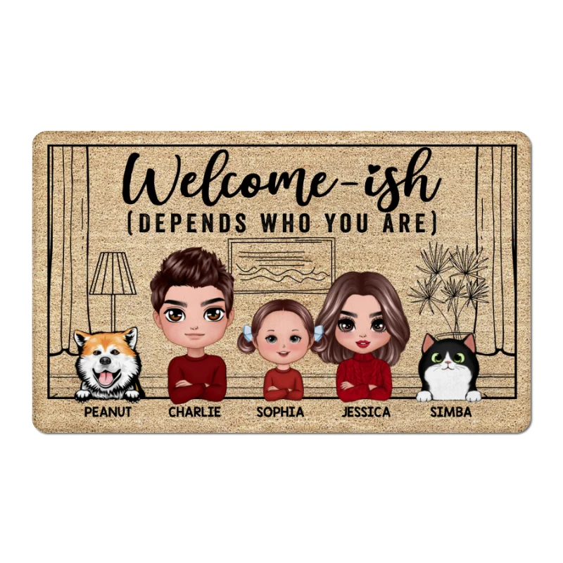 Doll Family Dad Mom Kids Dogs Cats Welcome-ish Personalized Doormat - Image 6
