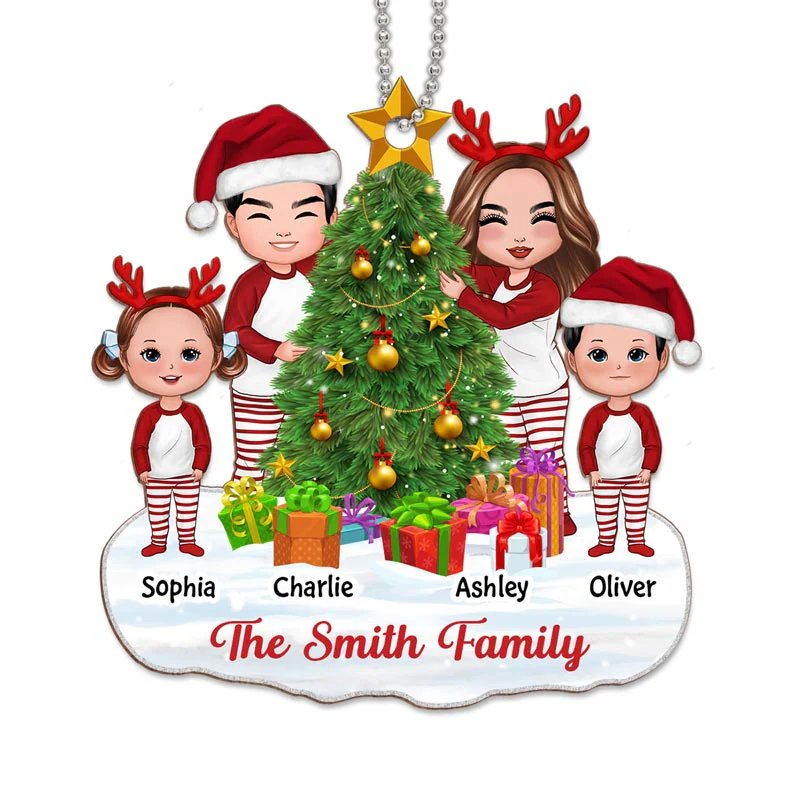Doll Family Decorating Christmas Tree Personalized Wooden Ornament