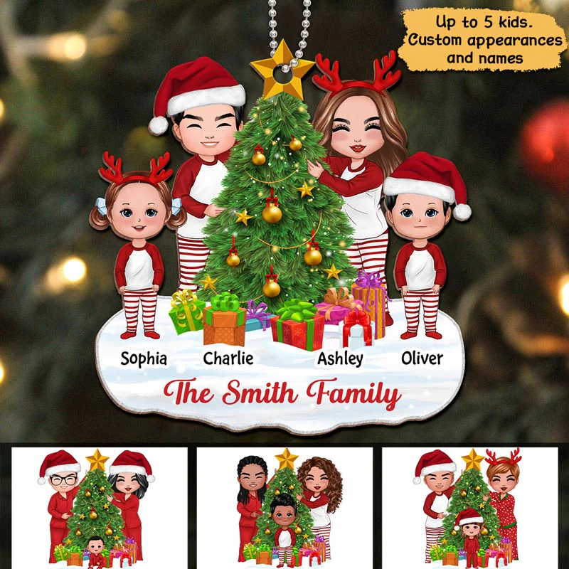 Doll Family Decorating Christmas Tree Personalized Wooden Ornament - Image 3