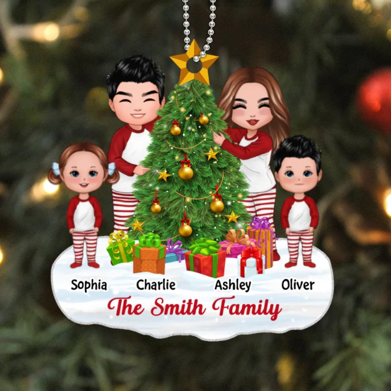 Doll Family Decorating Christmas Tree Personalized Wooden Ornament - Image 4
