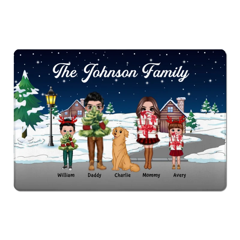 Doll Family Holding Christmas Things Personalized Doormat - Image 4