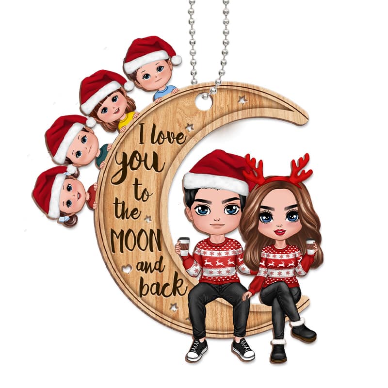 Doll Family On Moon Personalized Wooden Ornament