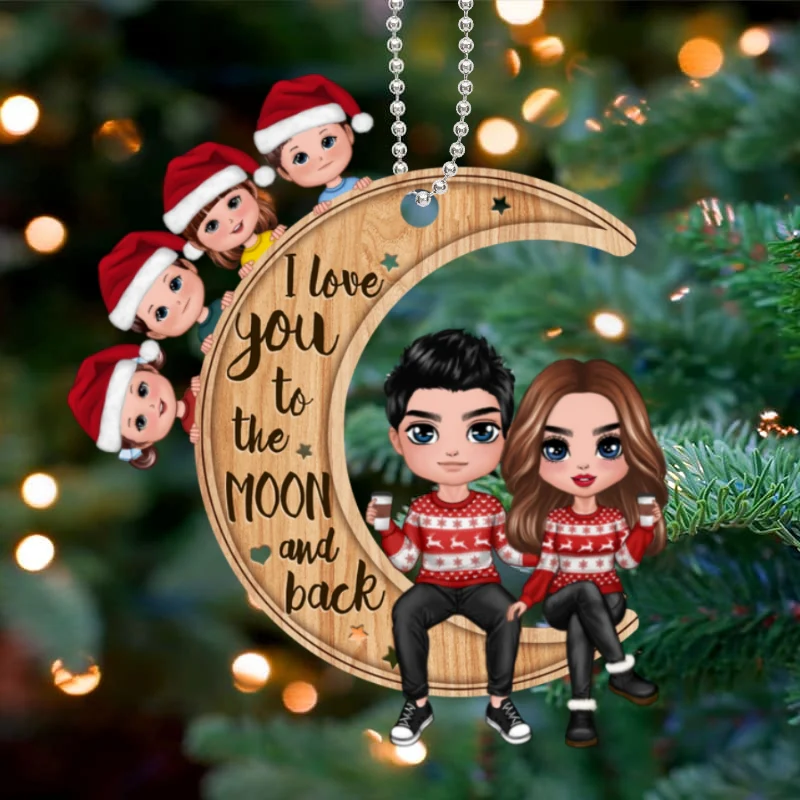 Doll Family On Moon Personalized Wooden Ornament - Image 4