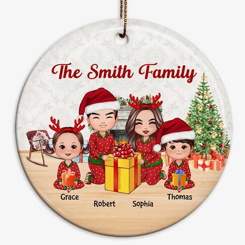 Doll Family Opening Christmas Gifts Personalized Circle Ornament