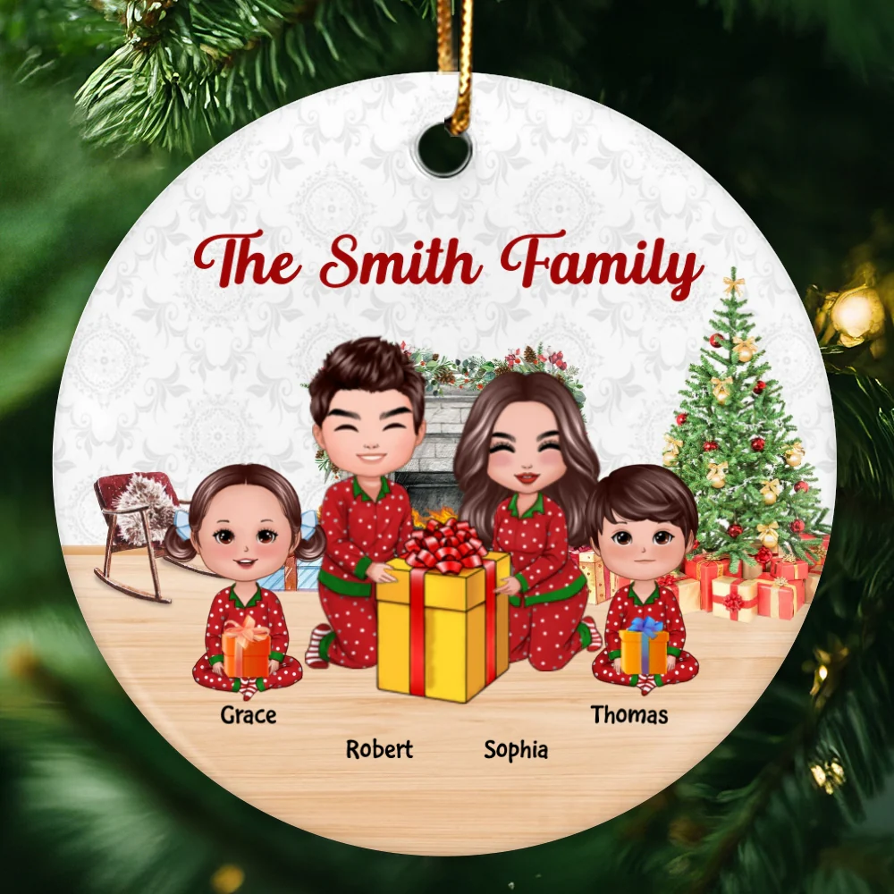 Doll Family Opening Christmas Gifts Personalized Circle Ornament - Image 4