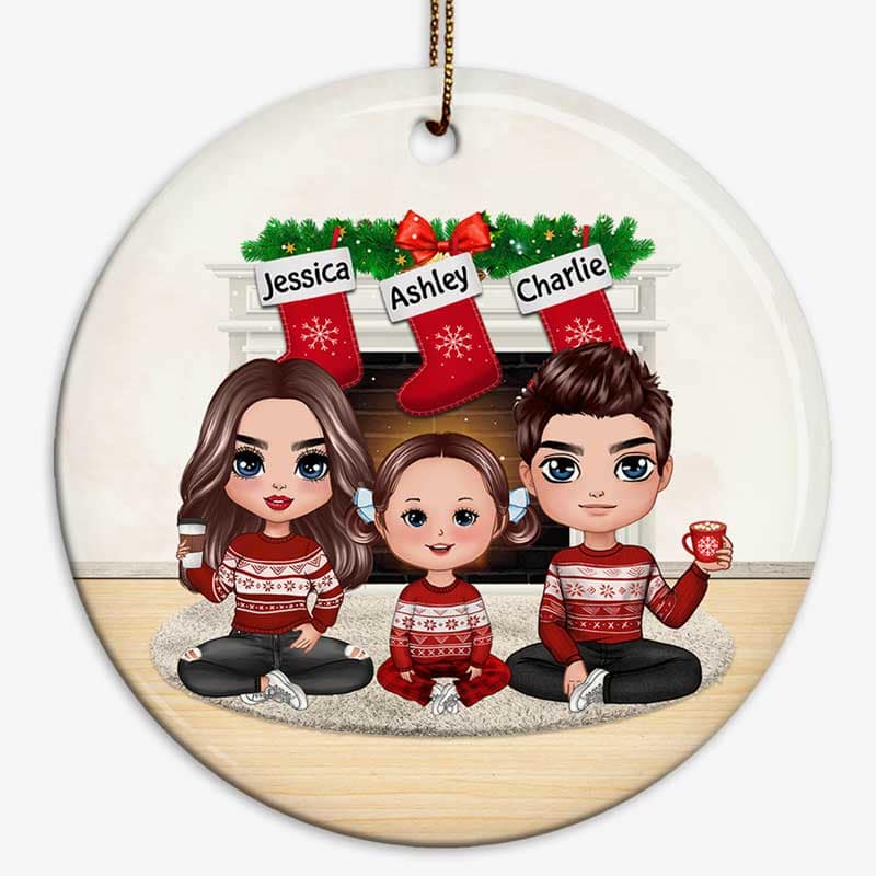 Doll Family Sitting At Fireplace Christmas Personalized Circle Ornament