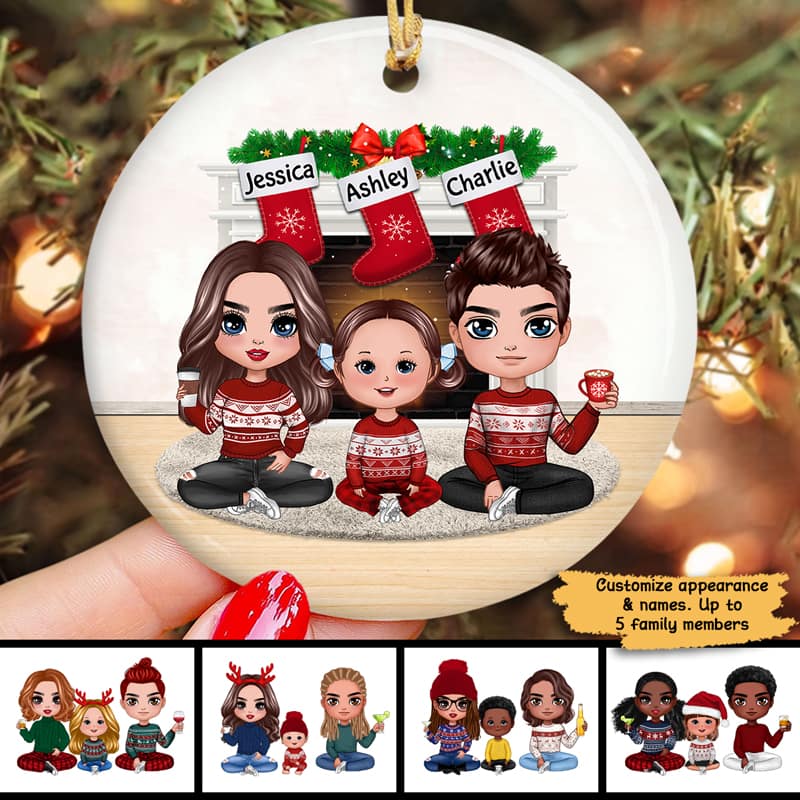 Doll Family Sitting At Fireplace Christmas Personalized Circle Ornament - Image 2