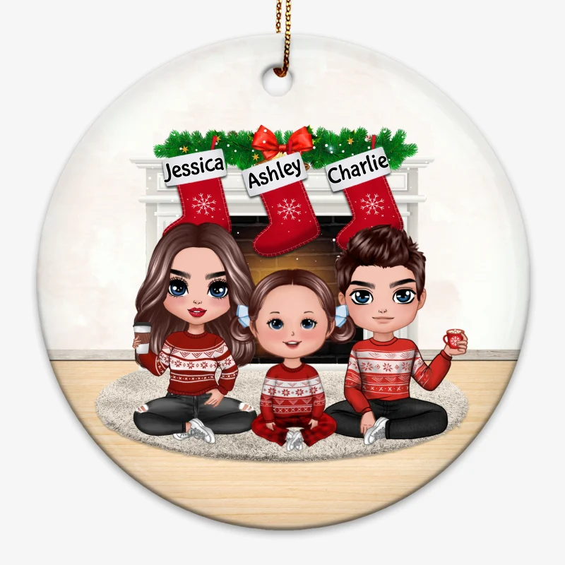 Doll Family Sitting At Fireplace Christmas Personalized Circle Ornament - Image 3