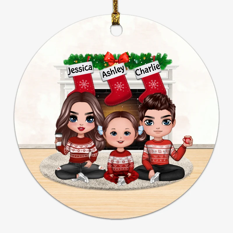 Doll Family Sitting At Fireplace Christmas Personalized Circle Ornament - Image 4