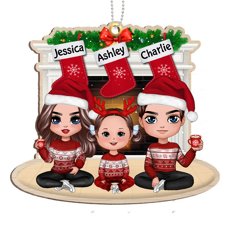 Doll Family Sitting At Fireplace Personalized Wooden Ornament