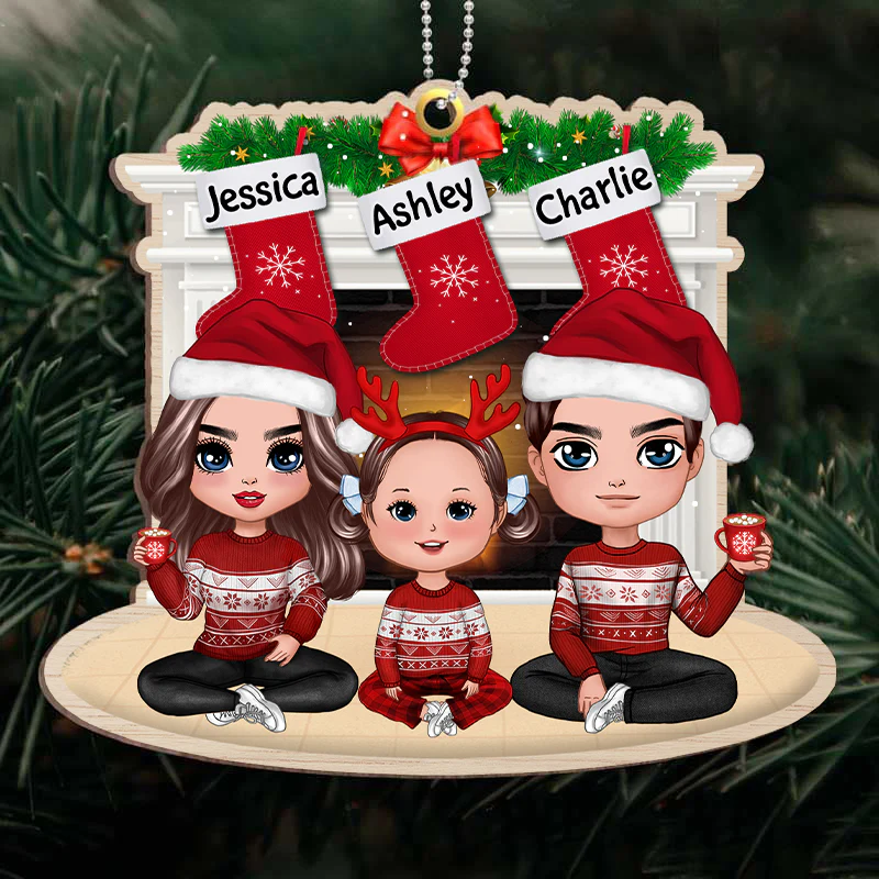 Doll Family Sitting At Fireplace Personalized Wooden Ornament - Image 2